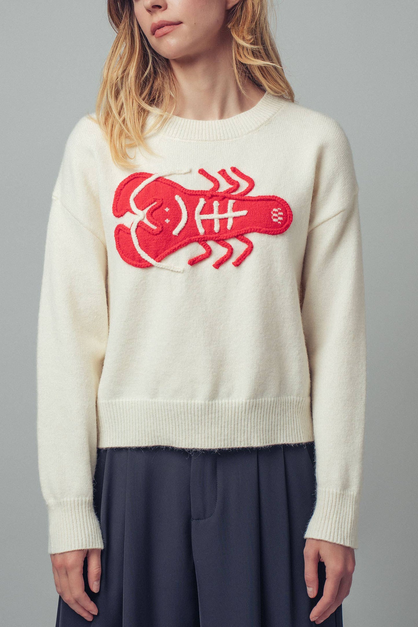 Embroidered Red Lobster Nautical Statement Sweater