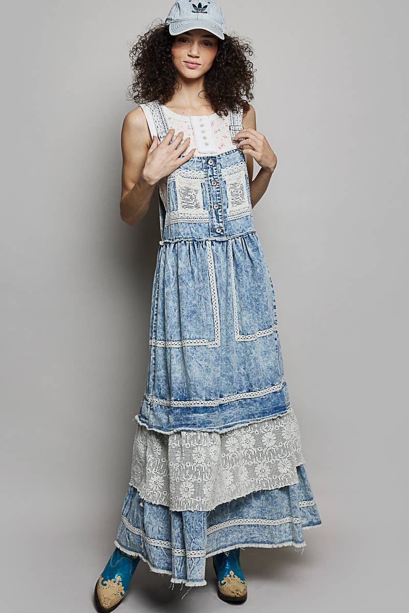 Crochet Pockets Ruffle Denim Long Overall Dress