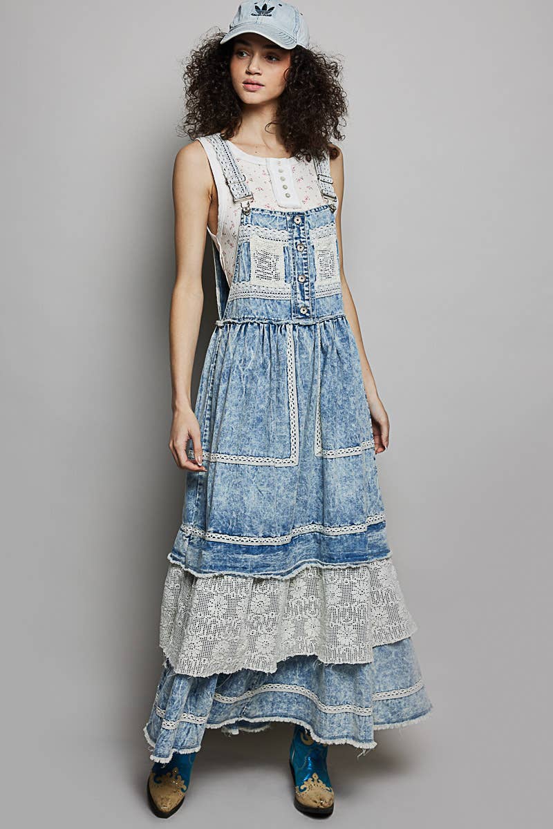 Crochet Pockets Ruffle Denim Long Overall Dress