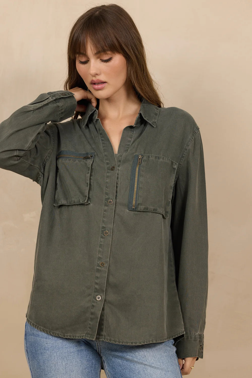 Olive Tencel Button Down