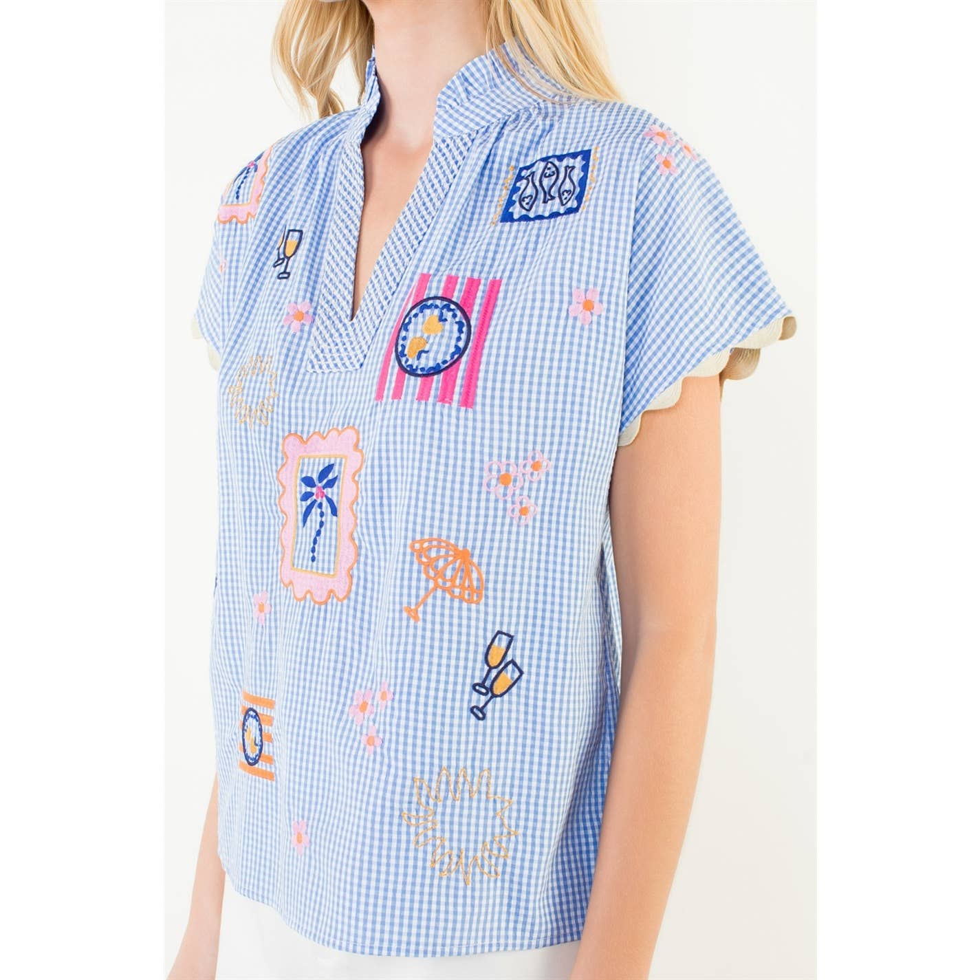 Short Sleeve Embroidery Detail Gingham Top