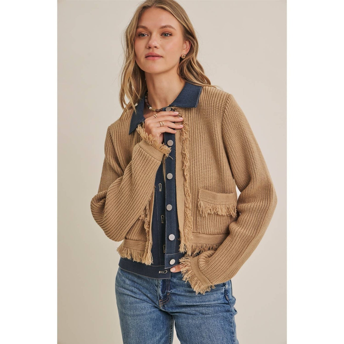 Denim  Layered Fringe Cardigan Jacket
