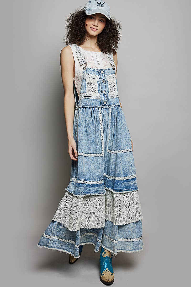 Crochet Pockets Ruffle Denim Long Overall Dress