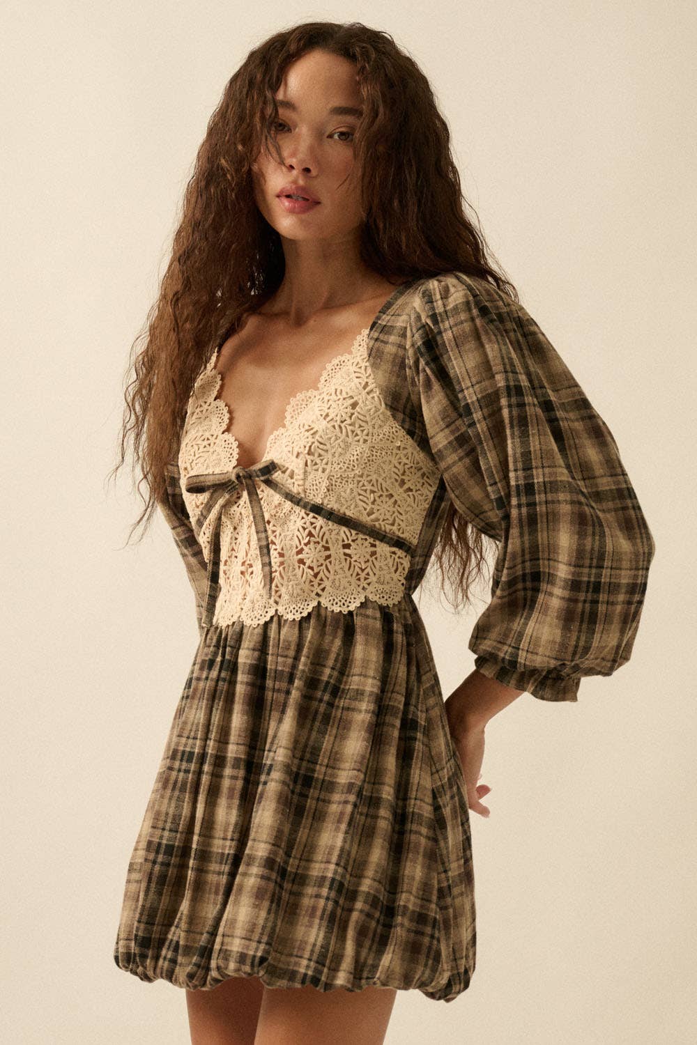 Plaid and Lace Puff-Sleeve Bubble Mini Dress