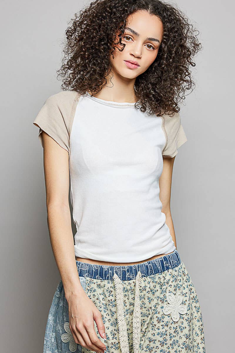 Round Neck Raglan Sleeve Contrast Solid Fitted Rib Top