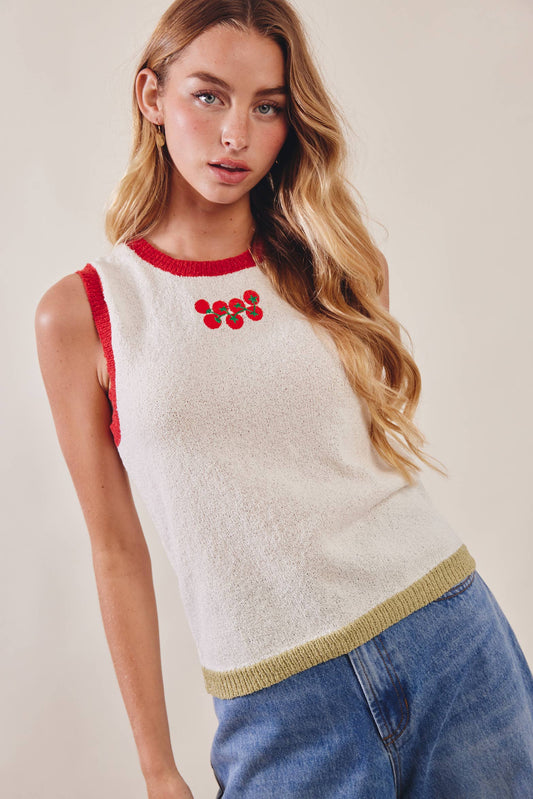 Embroidered Sleeveless Knit Tank Top tomato