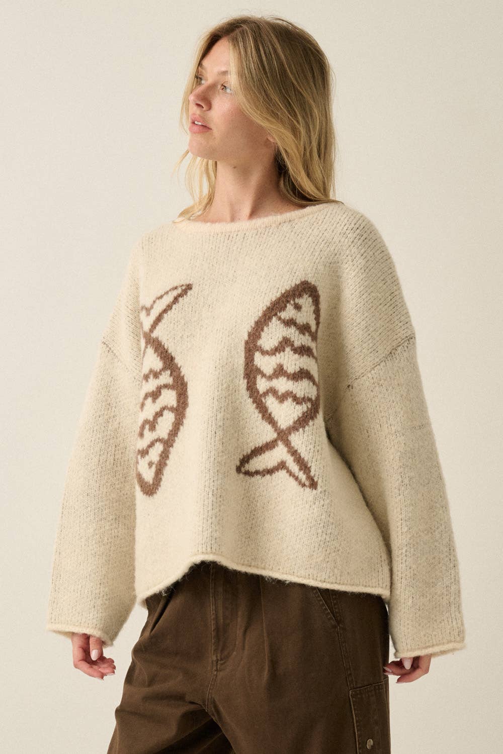 Fish Jacquard-Knit Sweater Cream