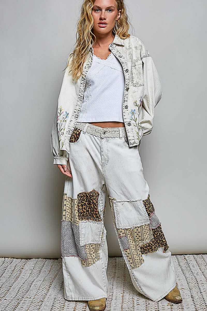 Handcrafted Vintage DIY Patchwork-Style Waistband Wide Pant