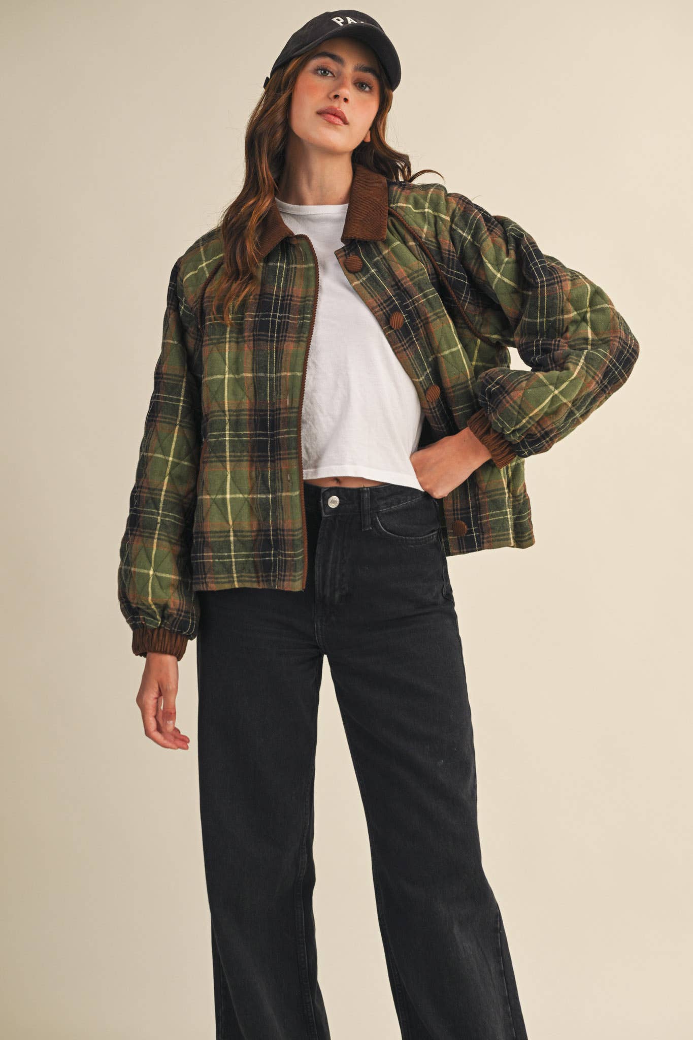 Plaid Quilted Jacket Olive
