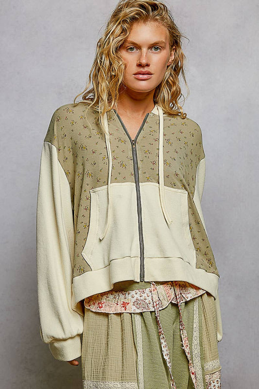 Thermal Contrast Cozy Texture Floral Print Knit Hoodie Top