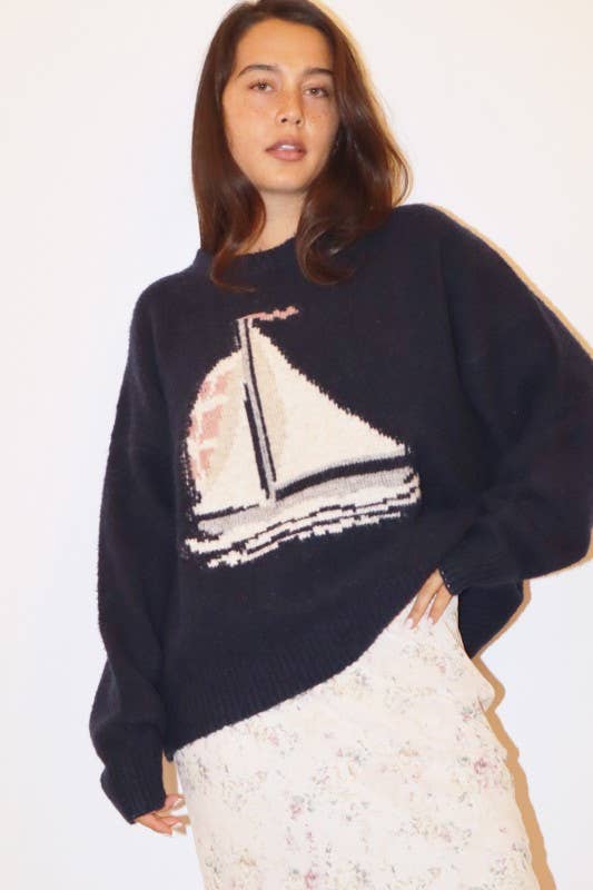 Sailboat Knit Fuzzy Sweater