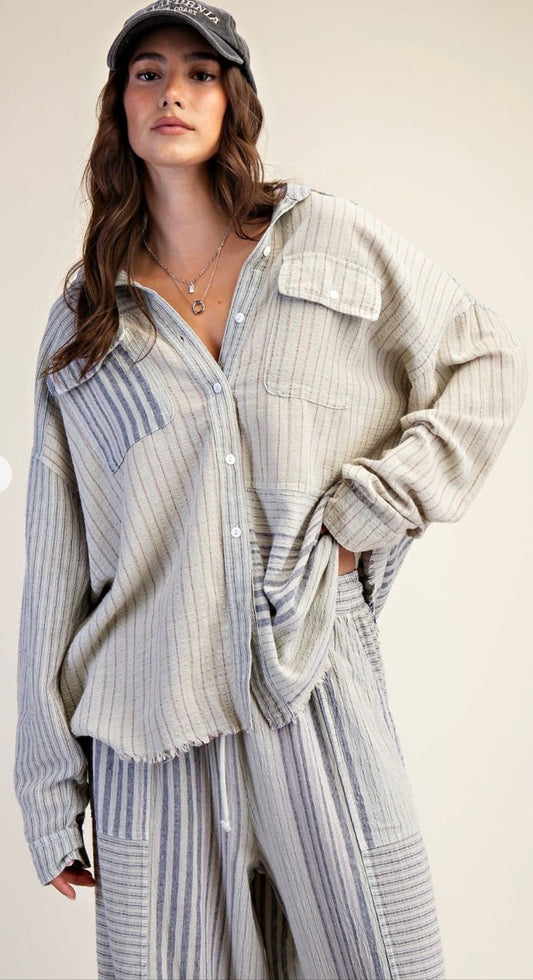STRIPE MIX WASHED BUTTON DOWN LINEN SHIRT