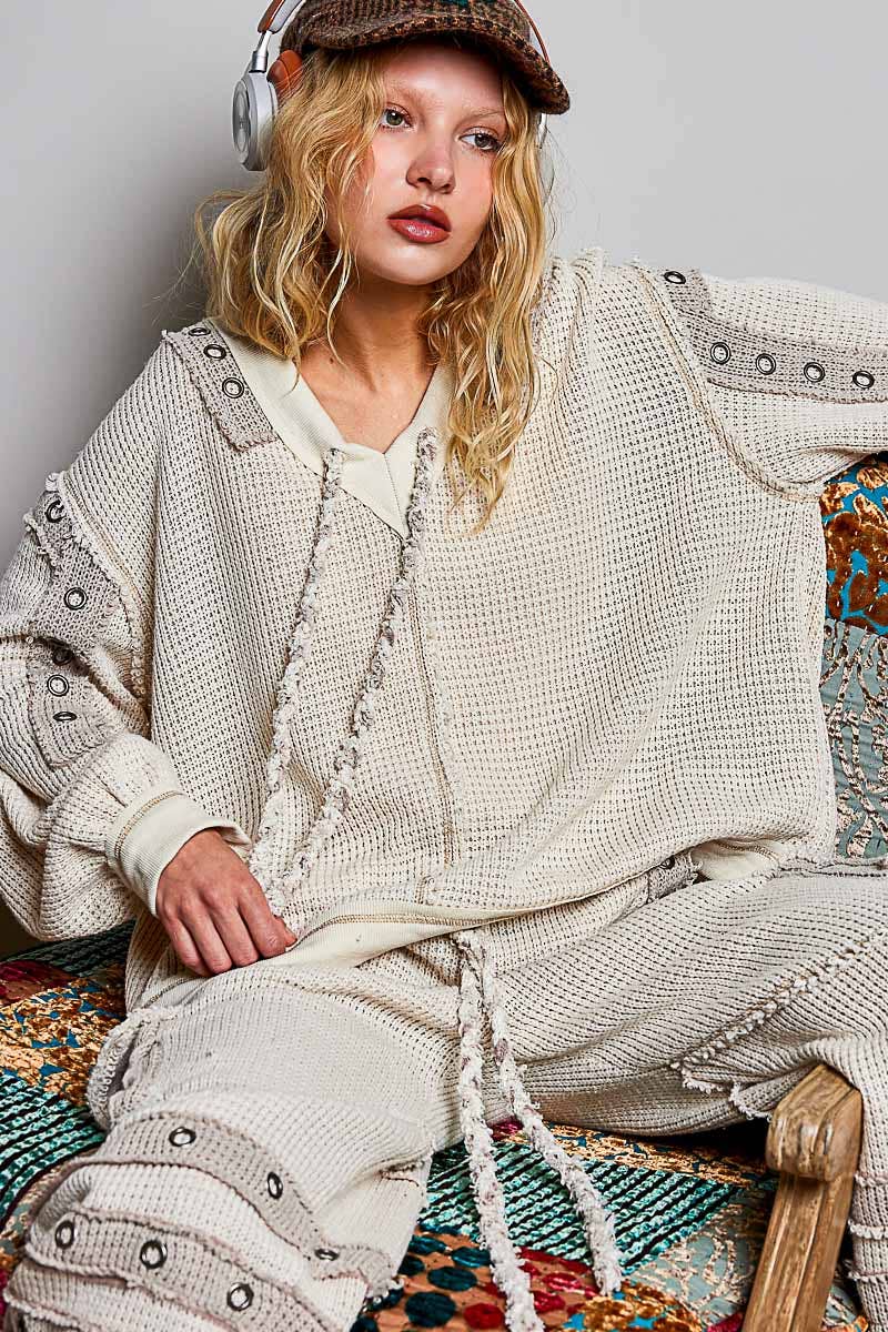 Solid Eyelet Stud Contrast Color Blocked Patch Knit Top