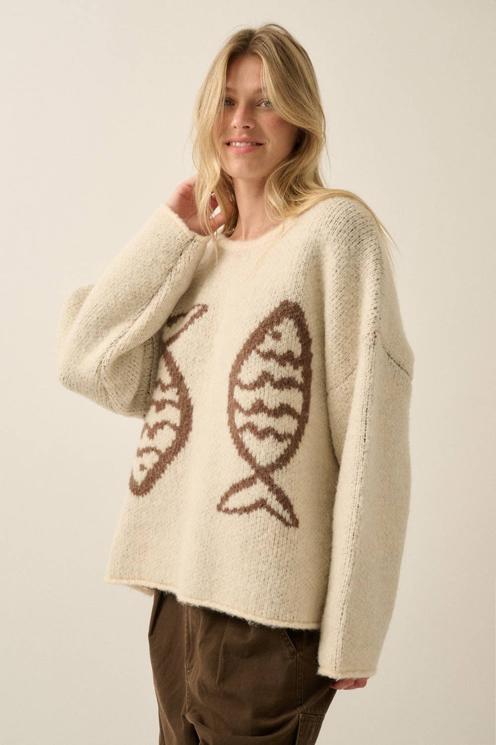Fish Jacquard-Knit Sweater Cream