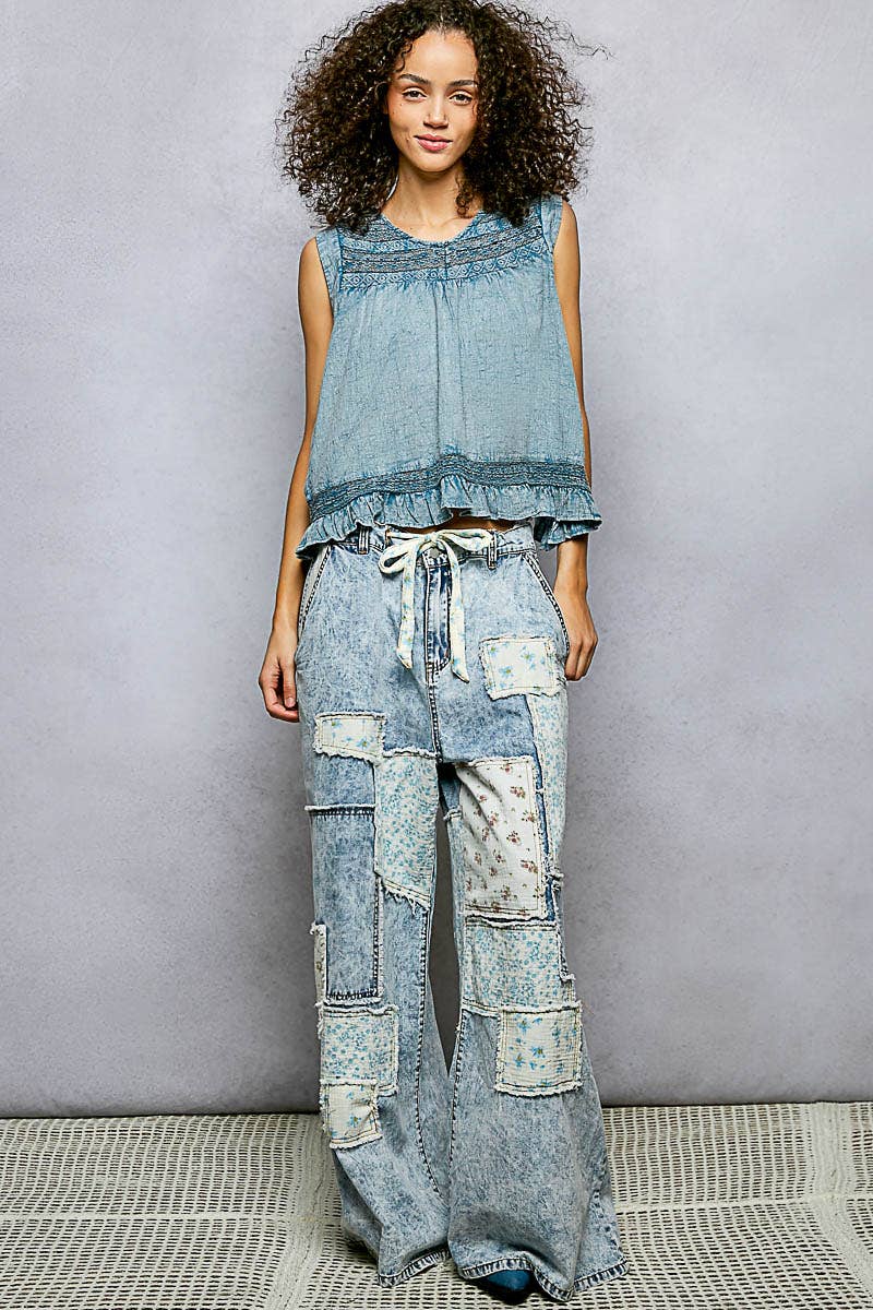 Patchwork Detail Denim Straight Fit Pants