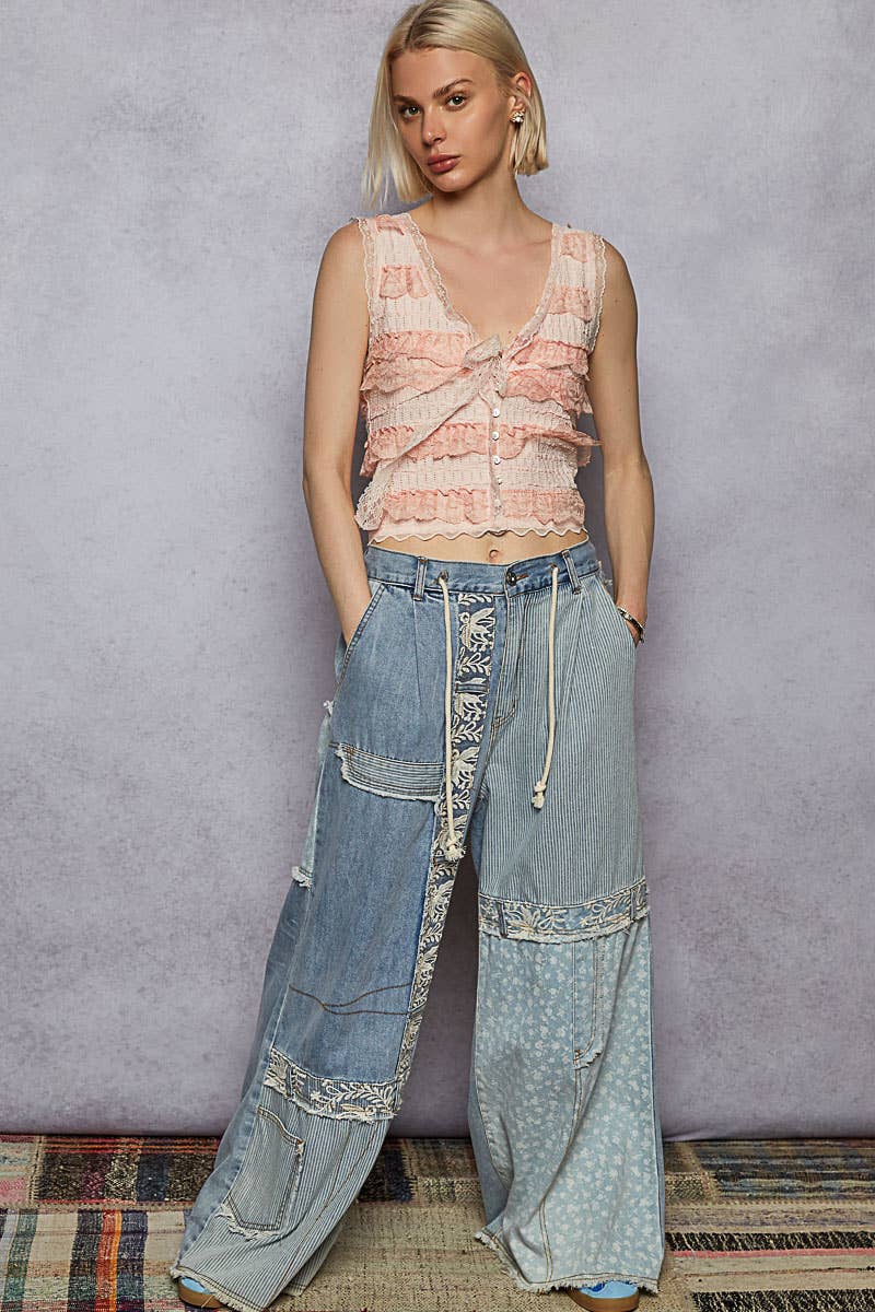 Lace-Overlay Printed Patchwork Contrast Denim Waistband Pant