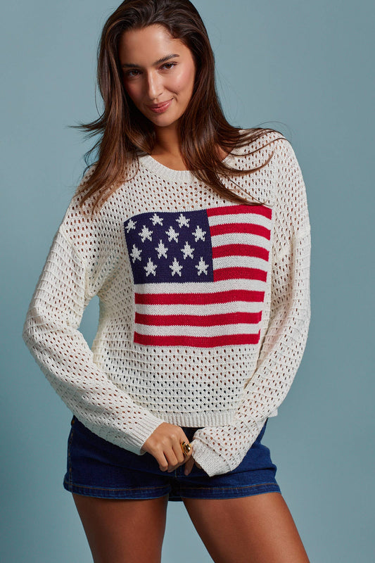American Flag Patch Open Knit Cotton Sweater