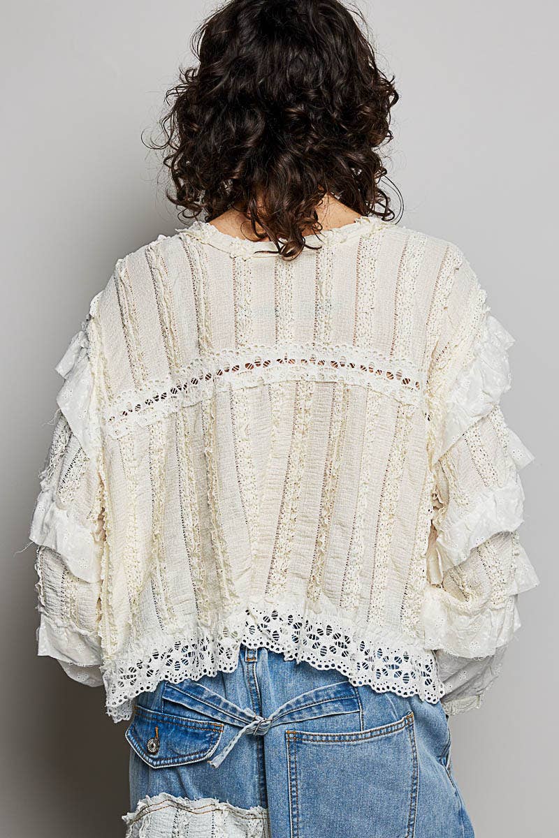Eyelet Ruffle Raw Edge Trim Lace Solid Knit Top