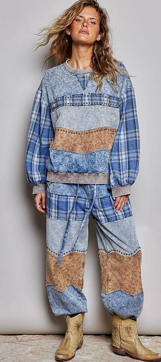 French Terry Plaid Patch Pants