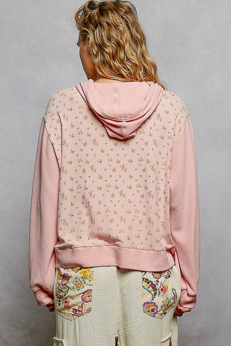 Thermal Contrast Cozy Texture Floral Print Knit Hoodie