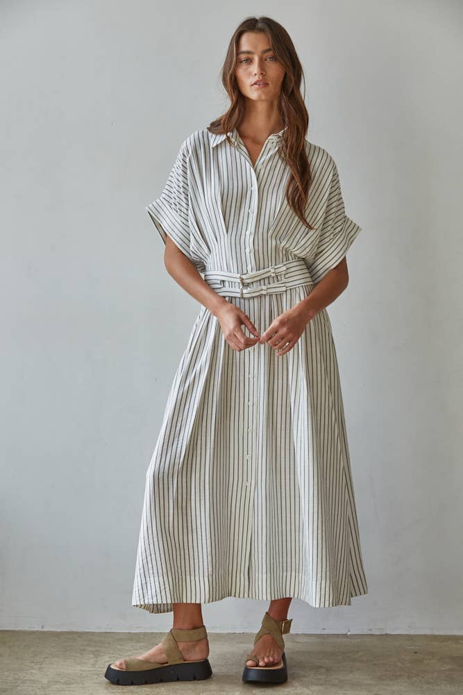 Woven Rayon Polyester Striped Shirtdress