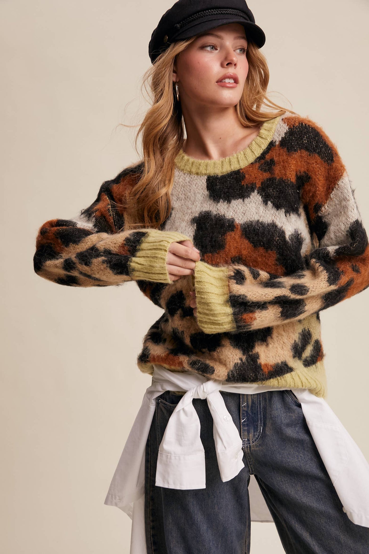 Fuzzy Abstract Leopard Knit Pullover Sweater LSW1005