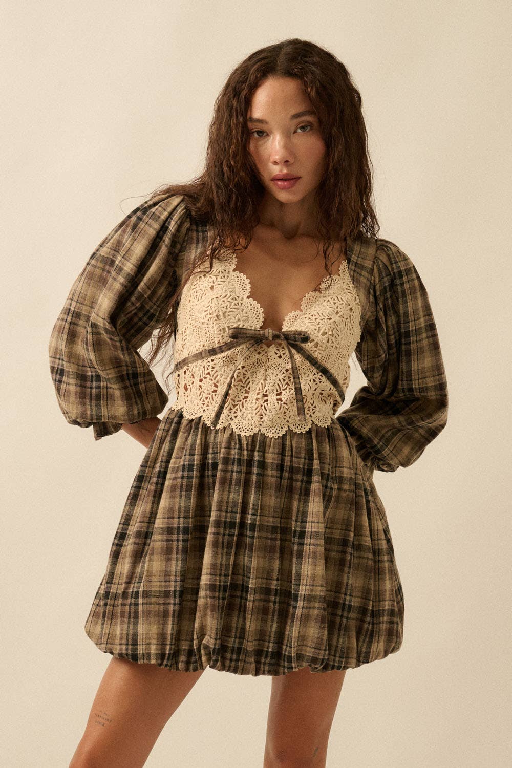 Plaid and Lace Puff-Sleeve Bubble Mini Dress