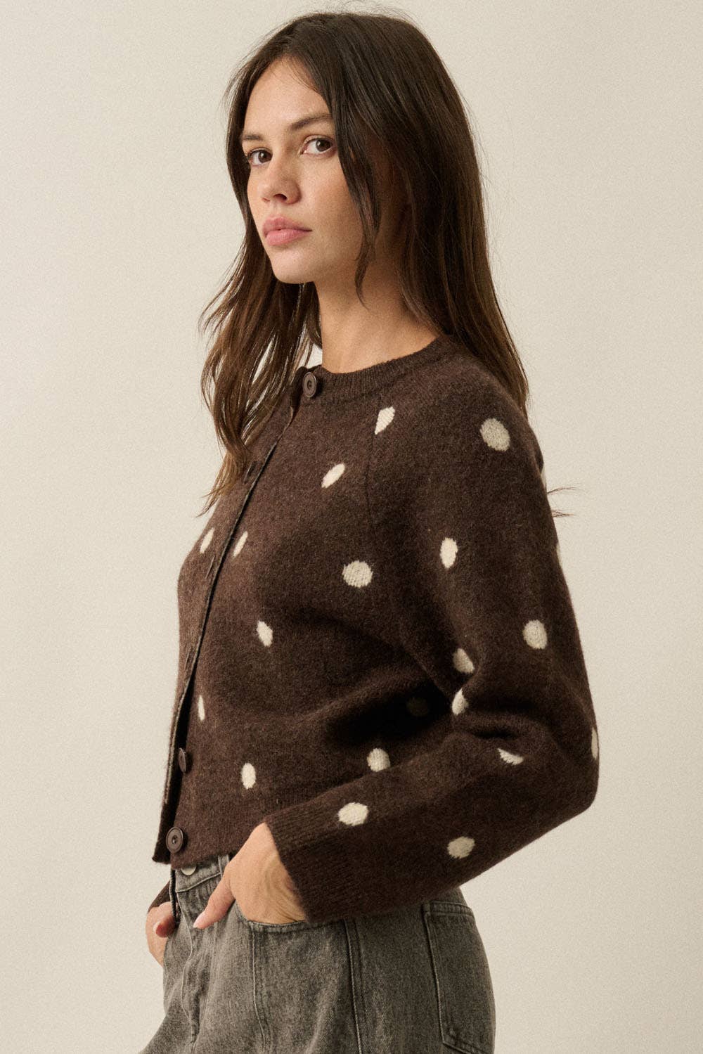 Polka Dot Crew-Neck Cropped Cardigan