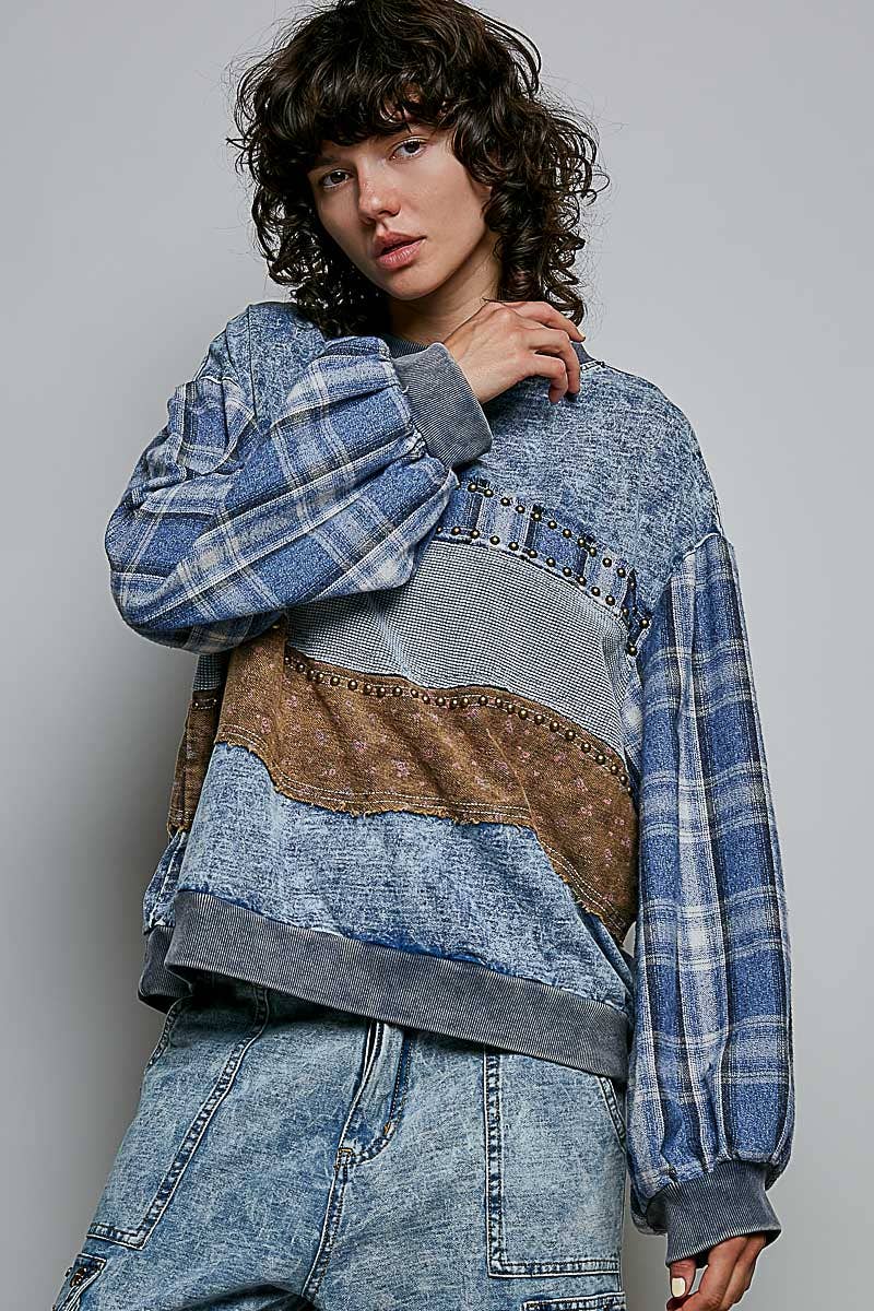 Stud French Terry Plaid Top