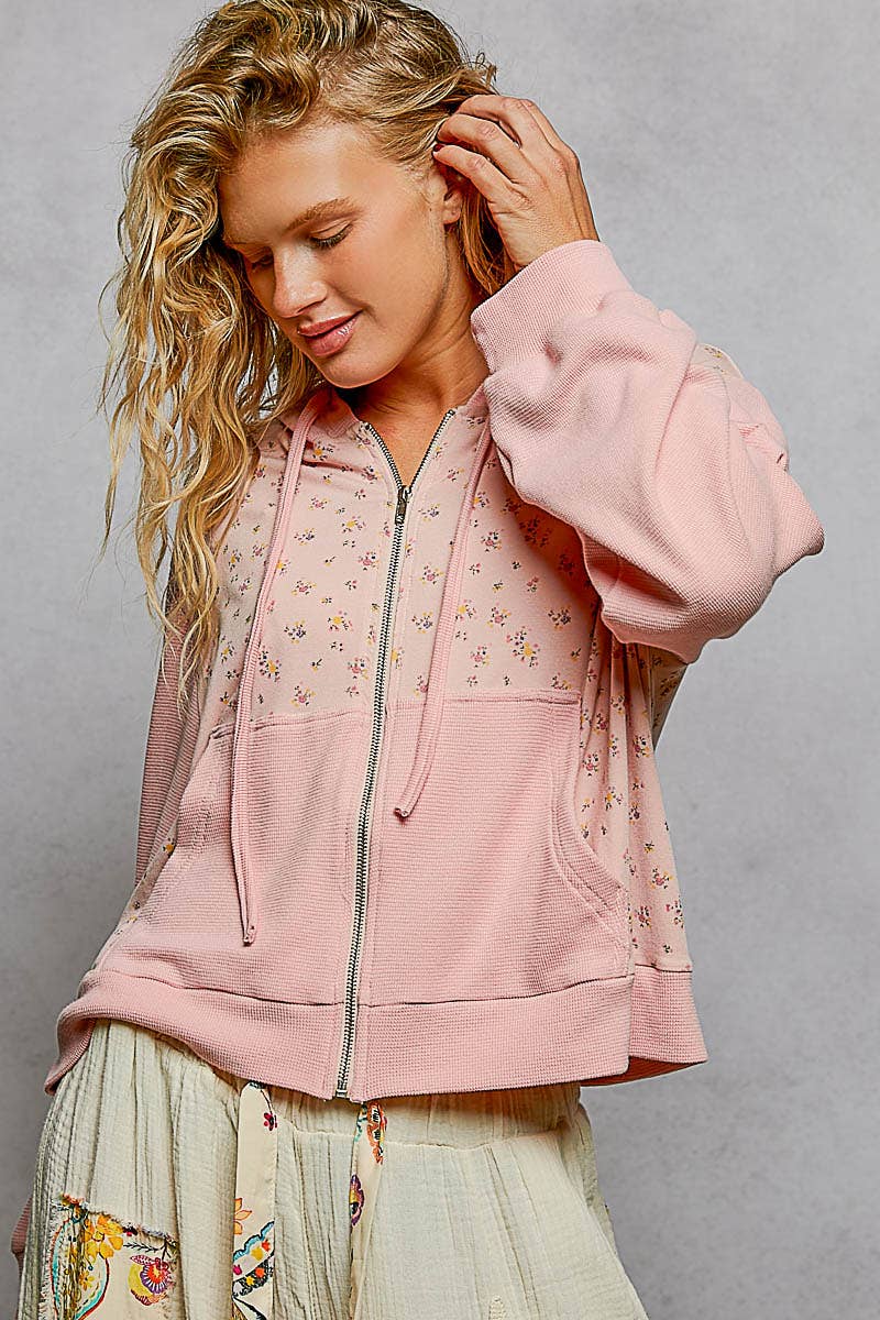 Thermal Contrast Cozy Texture Floral Print Knit Hoodie
