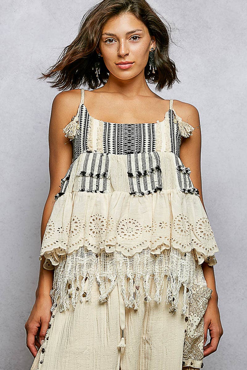 Square Neck Sleeveless Crochet Patch Plaid Eyelet Cotton Top