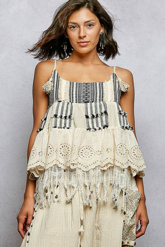 Square Neck Sleeveless Crochet Patch Plaid Eyelet Cotton Top
