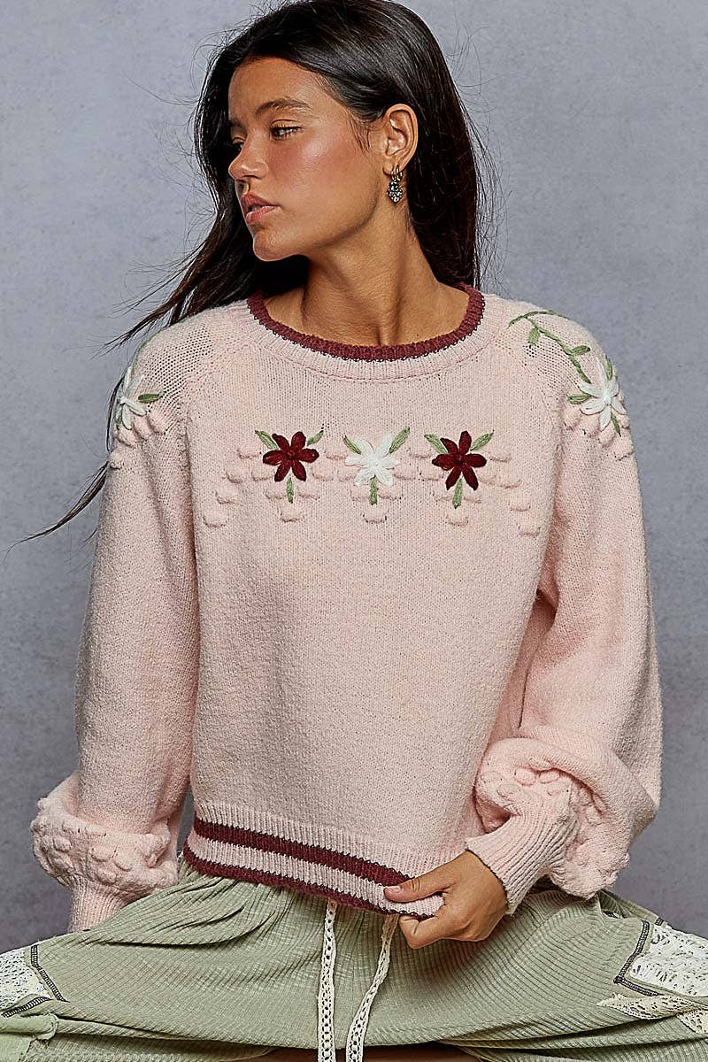 Round neck balloon sleeve floral embroidery sweater top