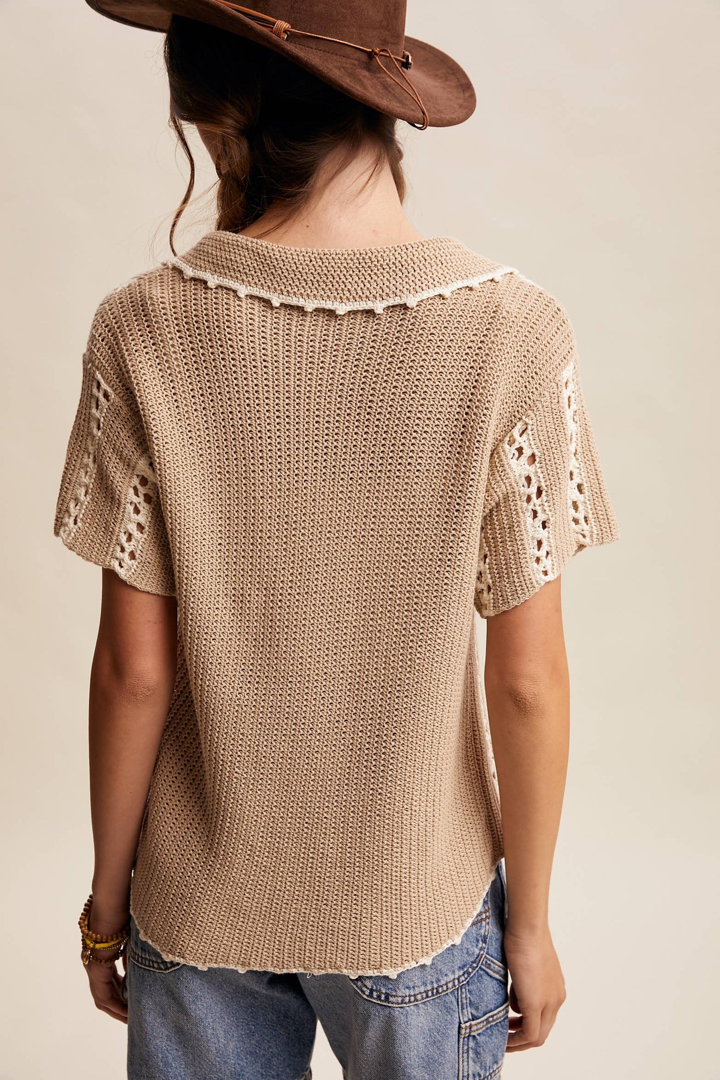 Crochet Stripe Knit Collar Top
