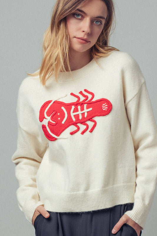 Embroidered Red Lobster Nautical Statement Sweater