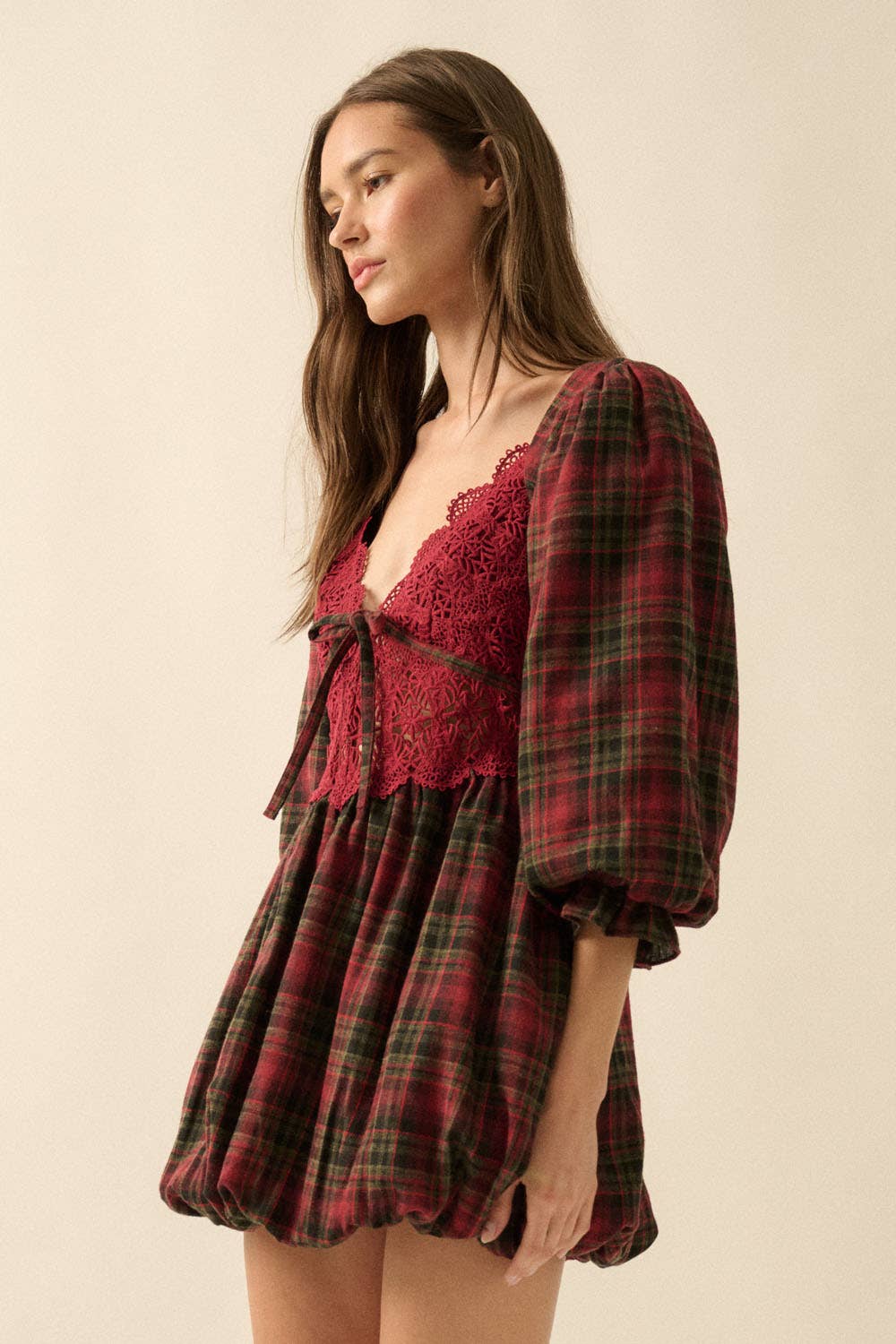 Plaid and Lace Puff-Sleeve Bubble Mini Dress