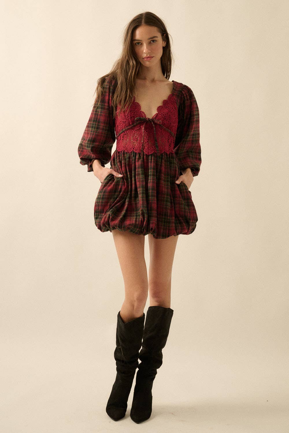 Plaid and Lace Puff-Sleeve Bubble Mini Dress