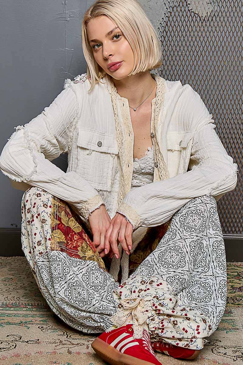 Vintage washing double gauze stitch detail hoodie jacket
