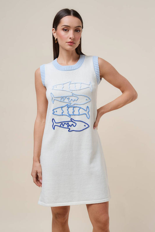 Sardine embroidered knit mini dress