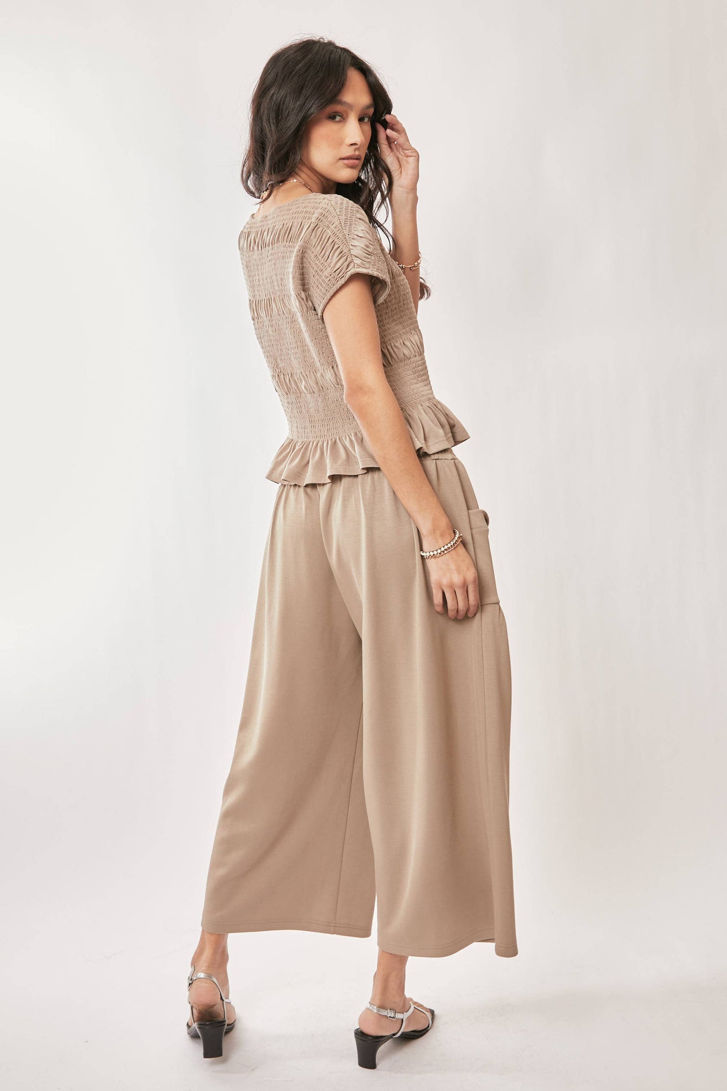 PLUS RUFFLE CAP SLEEVE TOP AND WAISTBAND PANTS SET