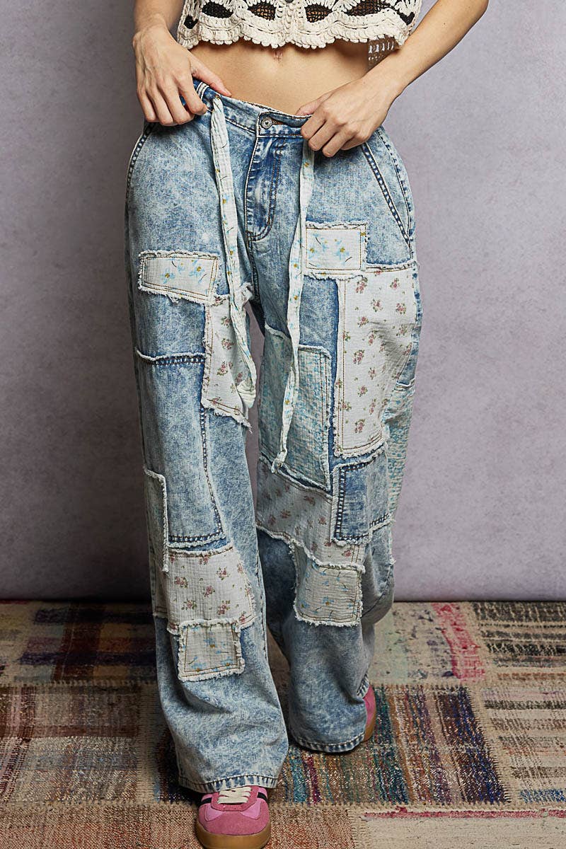 Patchwork Detail Denim Straight Fit Pants