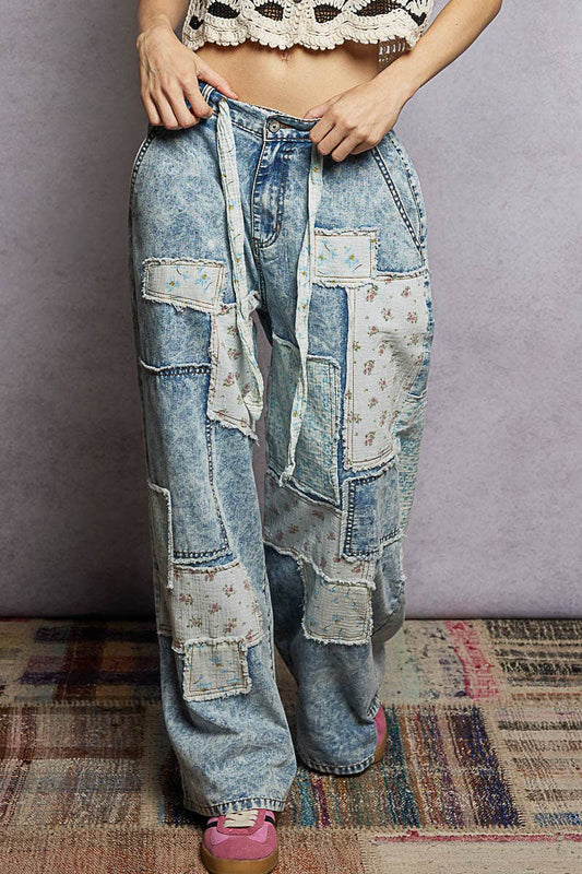 Patchwork Detail Denim Straight Fit Pants