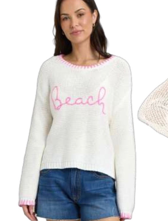 White with Neon Pink Beach Sweater