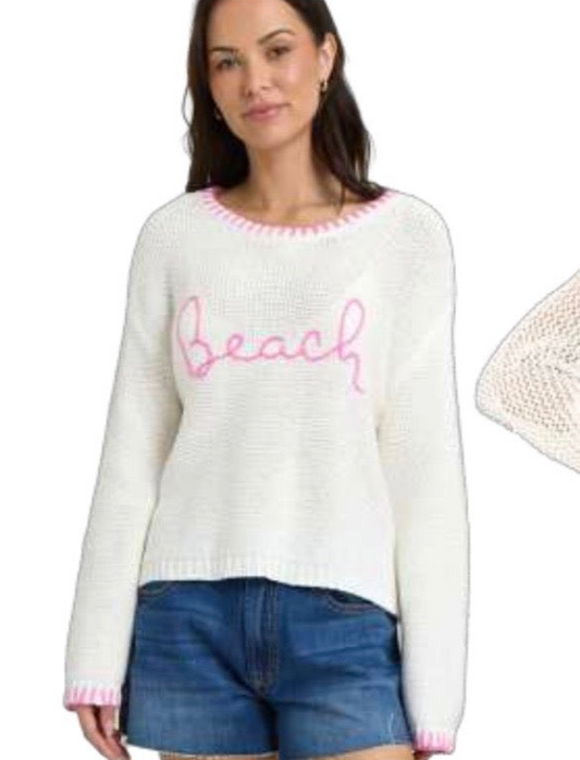 White with Neon Pink Beach Sweater