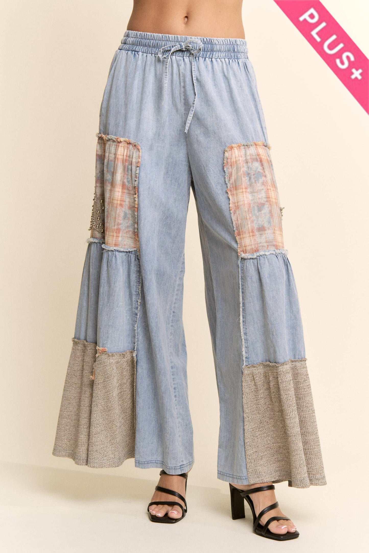 PLUS PRINTED DENIM LACE BLOCKED WIDE LEG PANTS