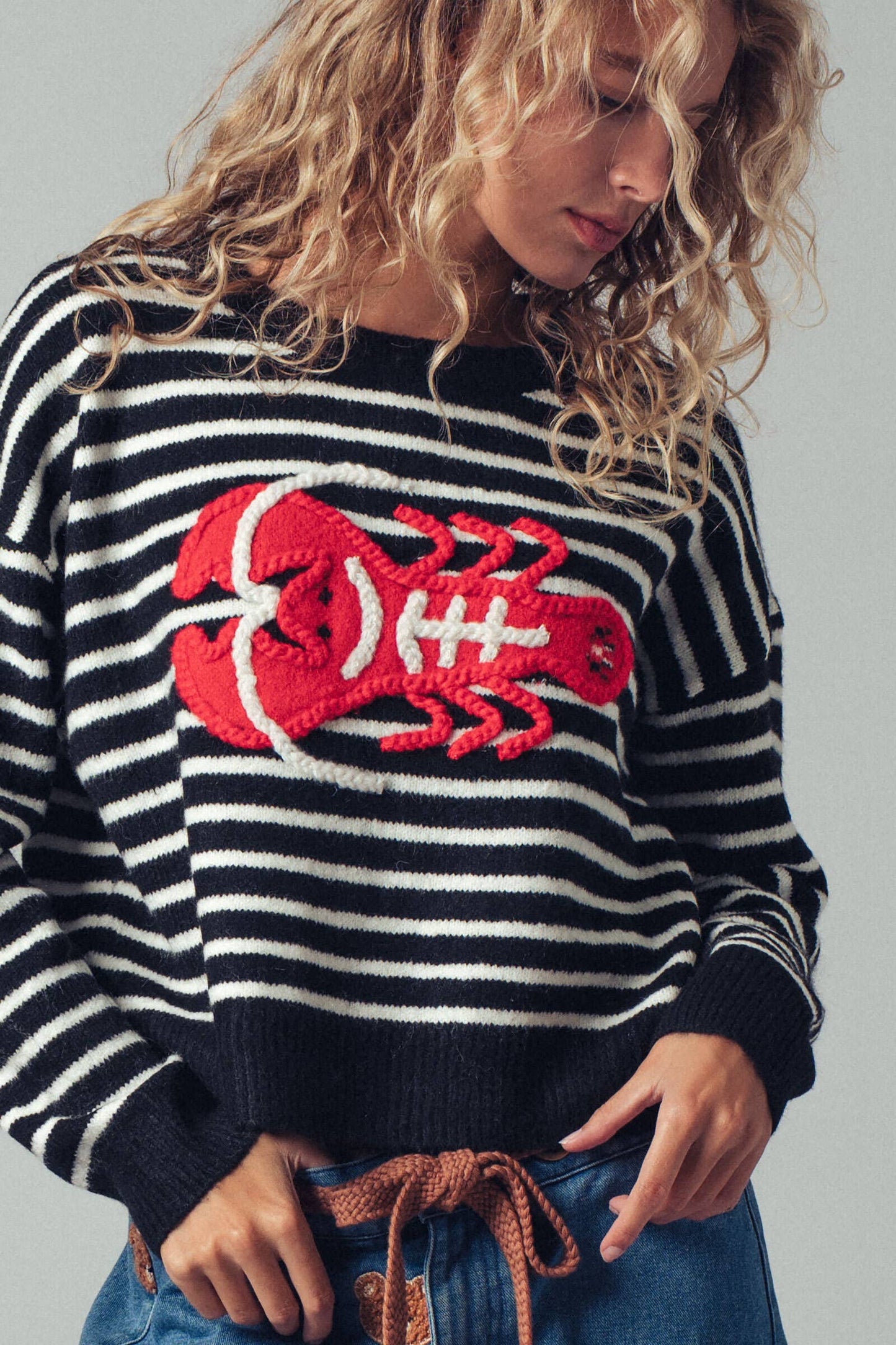 Embroidered Red Lobster Nautical Statement Sweater navy/ivory