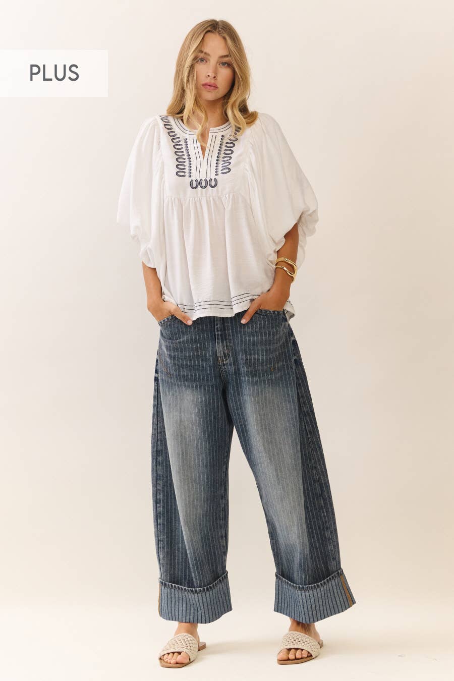 plus striped Barrel Culottes denim