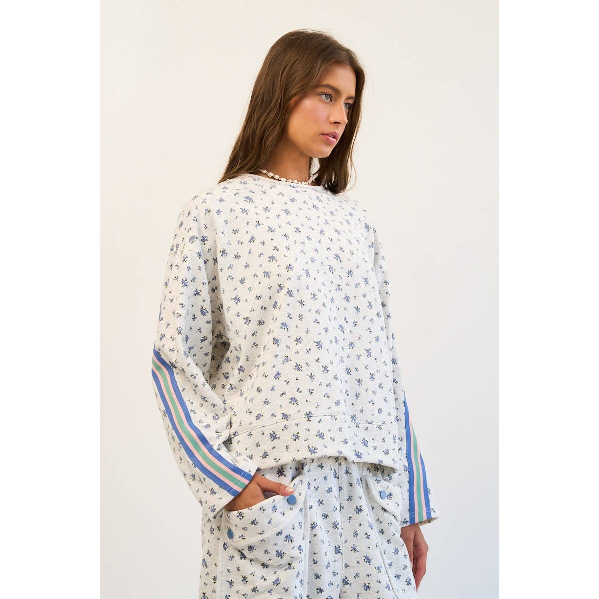 Floral Sweatshirt with Retro Striped Sleeve