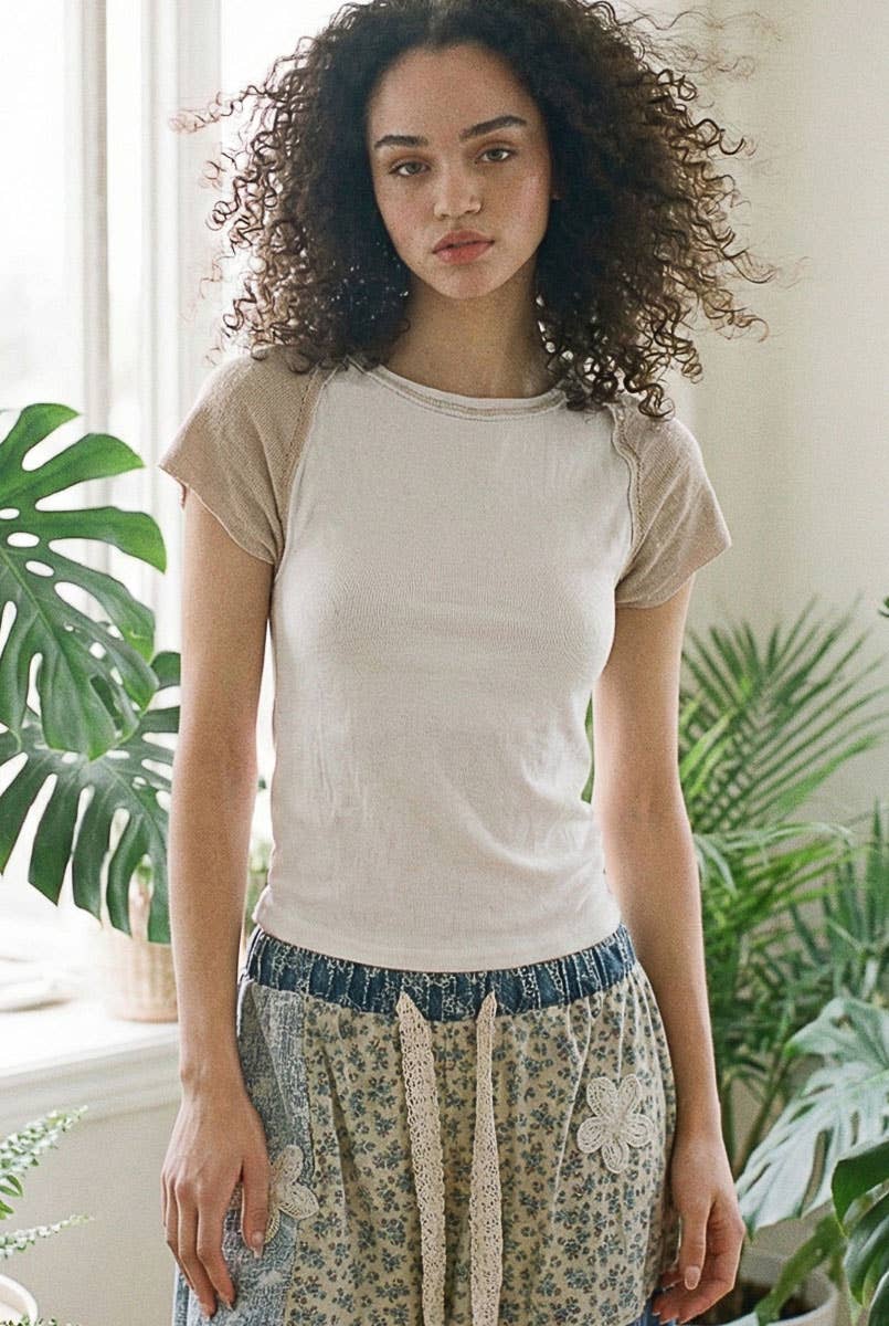 Round Neck Raglan Sleeve Contrast Solid Fitted Rib Top
