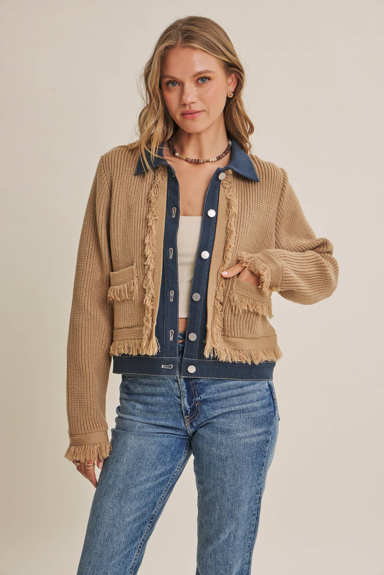 Denim  Layered Fringe Cardigan Jacket